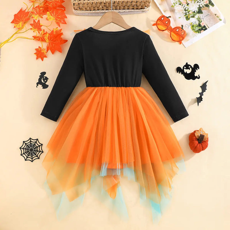 Girls Orange Cat Face Printed Halloween Fit & Flare Dress Casual Dresses