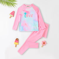 Girls Pink Tye-dye Printed T-Shirt & Skirt With Attached Legging Swimwear sets Sets Pink 3-4 Y