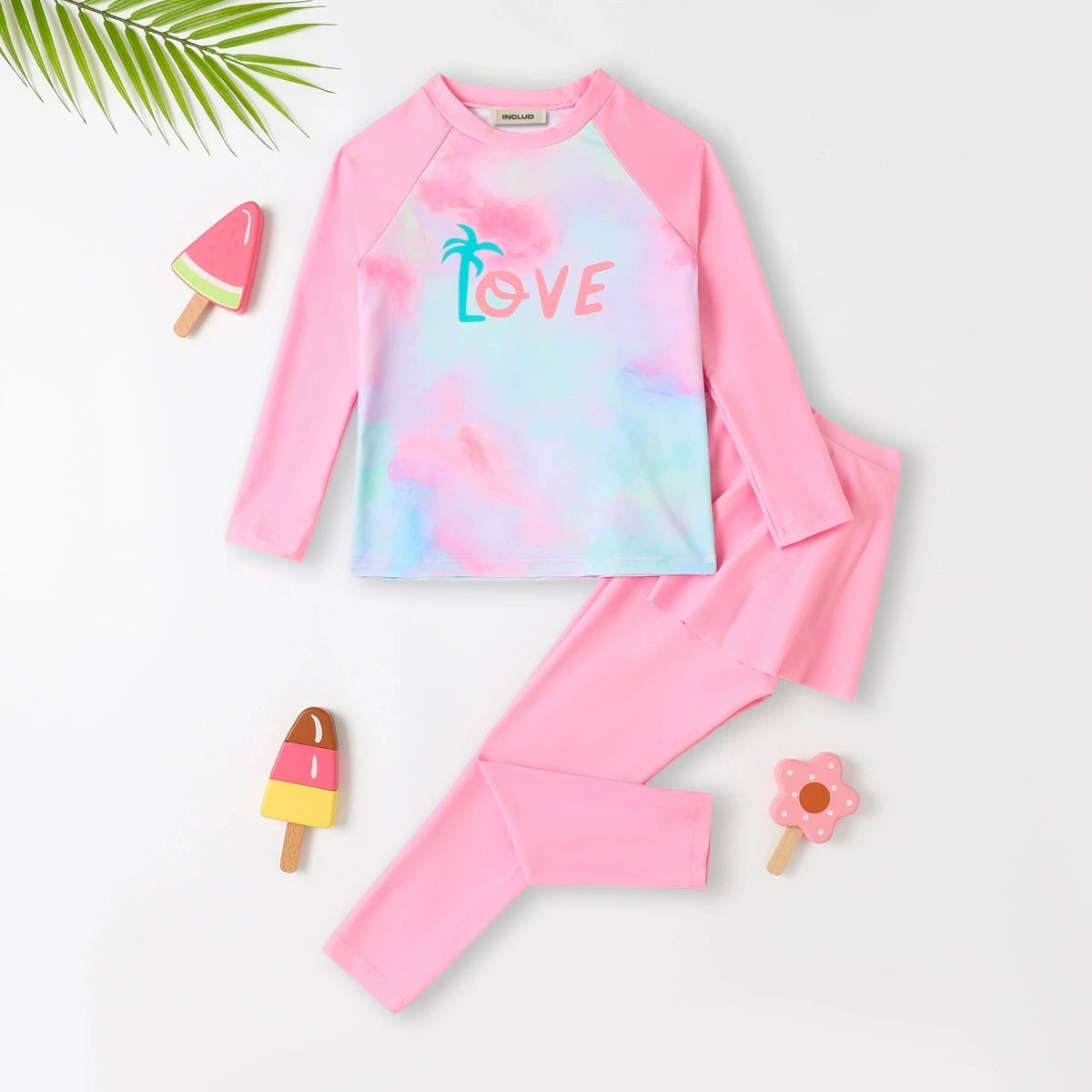 Girls Pink Tye-dye Printed T-Shirt & Skirt With Attached Legging Swimwear sets Sets Pink 3-4 Y