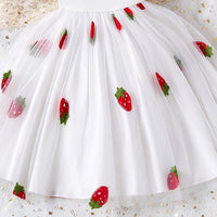 Girls White Strawberry Print Puff Sleeve Fit & Flare Dress Casual Dresses