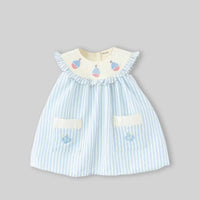 Girls Light Blue Stripes Sleeveless A-line Dress With Seaboat Embroidery Casual Dresses