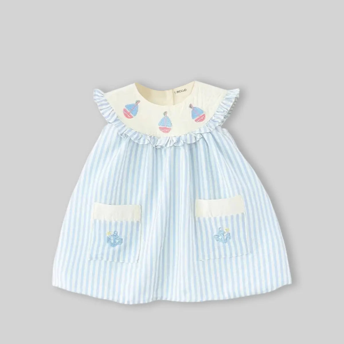 Girls Light Blue Stripes Sleeveless A-line Dress With Seaboat Embroidery Casual Dresses