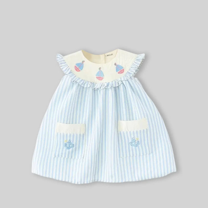 Girls Light Blue Stripes Sleeveless A-line Dress With Seaboat Embroidery Casual Dresses