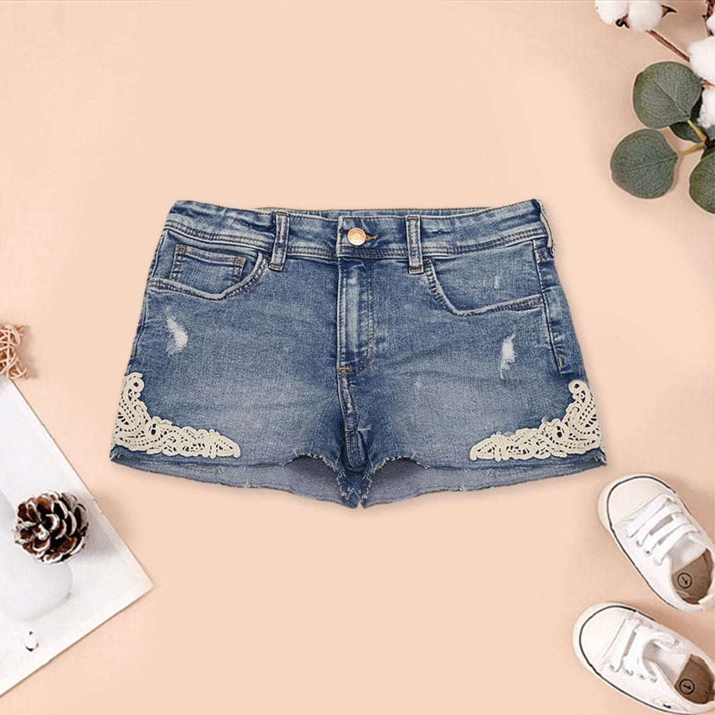 Girls Denim Hot Shorts With Lace Patch