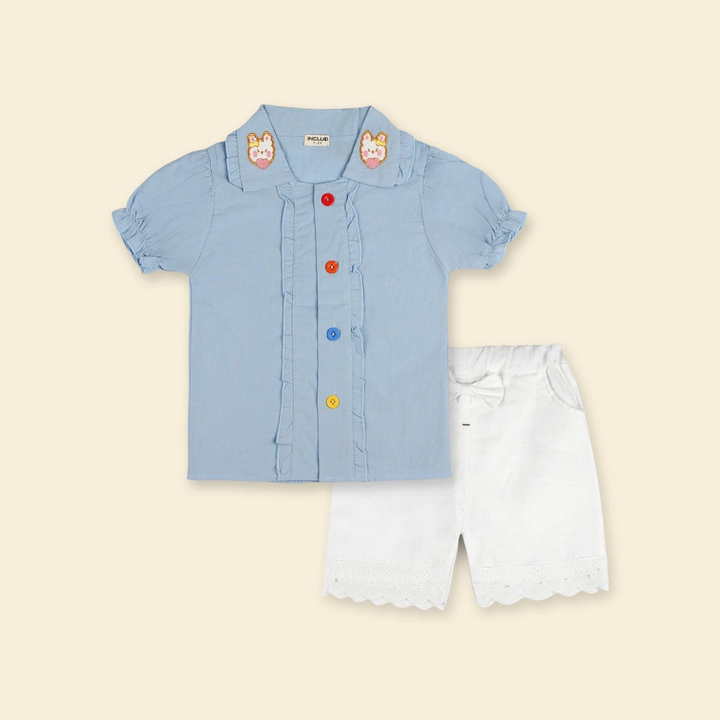Girls Light Blue Collar Embroidery Top With Lace Bottom Shorts Sets   