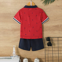 Boys Red Printed Short Sleeves Polo T-Shirt With Shorts Set 2 pc. Sets