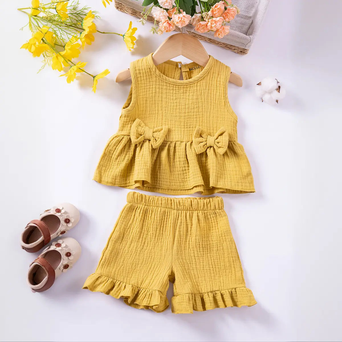 Girls Yellow Textured Bow Applique Peplum Top With Shorts Co-ord Sets Sets Yellow 1-2 Y