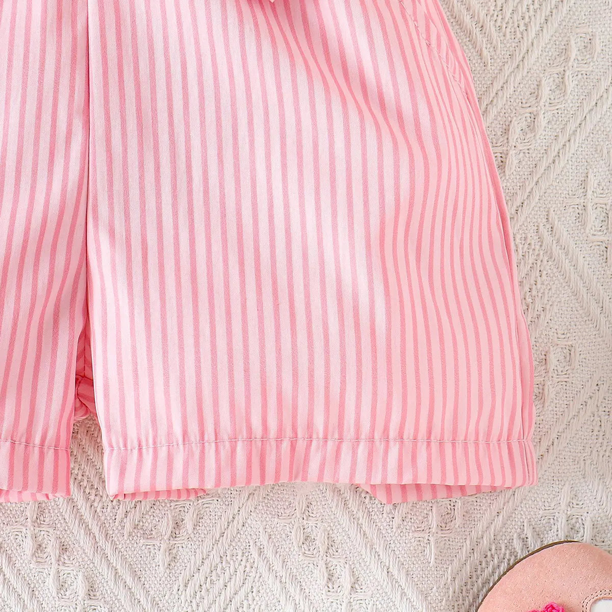 Girls Pink Striped Sleeveless Button-Front Belted Romper Jumpsuits
