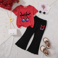Girls Red Bow & Cherry Printed T-Shirt With Flared Pants Sets Sets Red 3-4 Y