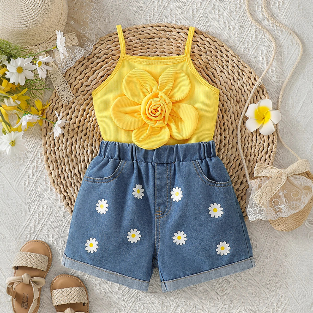 Girls Yellow 3D Flower applique Sleeveless Cami Top With Printed Denim Shorts Sets 2 pc. Sets Yellow 3-4 Y