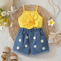 Girls Yellow 3D Flower applique Sleeveless Cami Top With Printed Denim Shorts Sets 2 pc. Sets Yellow 3-4 Y