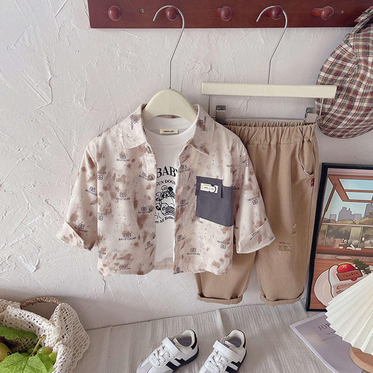 Boys Brown Abstract Printed Shirt With Printed T-Shirt & Pants Set Sets Brown 1-2 Y
