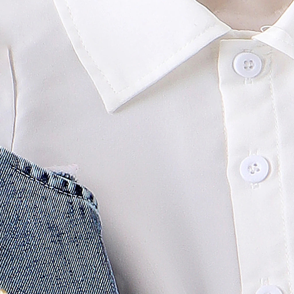 Girls White Puff Sleeve Layered Dress With Denim Jacket Casual Dresses