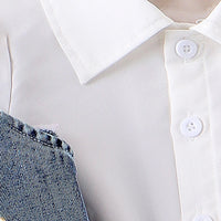 Girls White Puff Sleeve Layered Dress With Denim Jacket Casual Dresses
