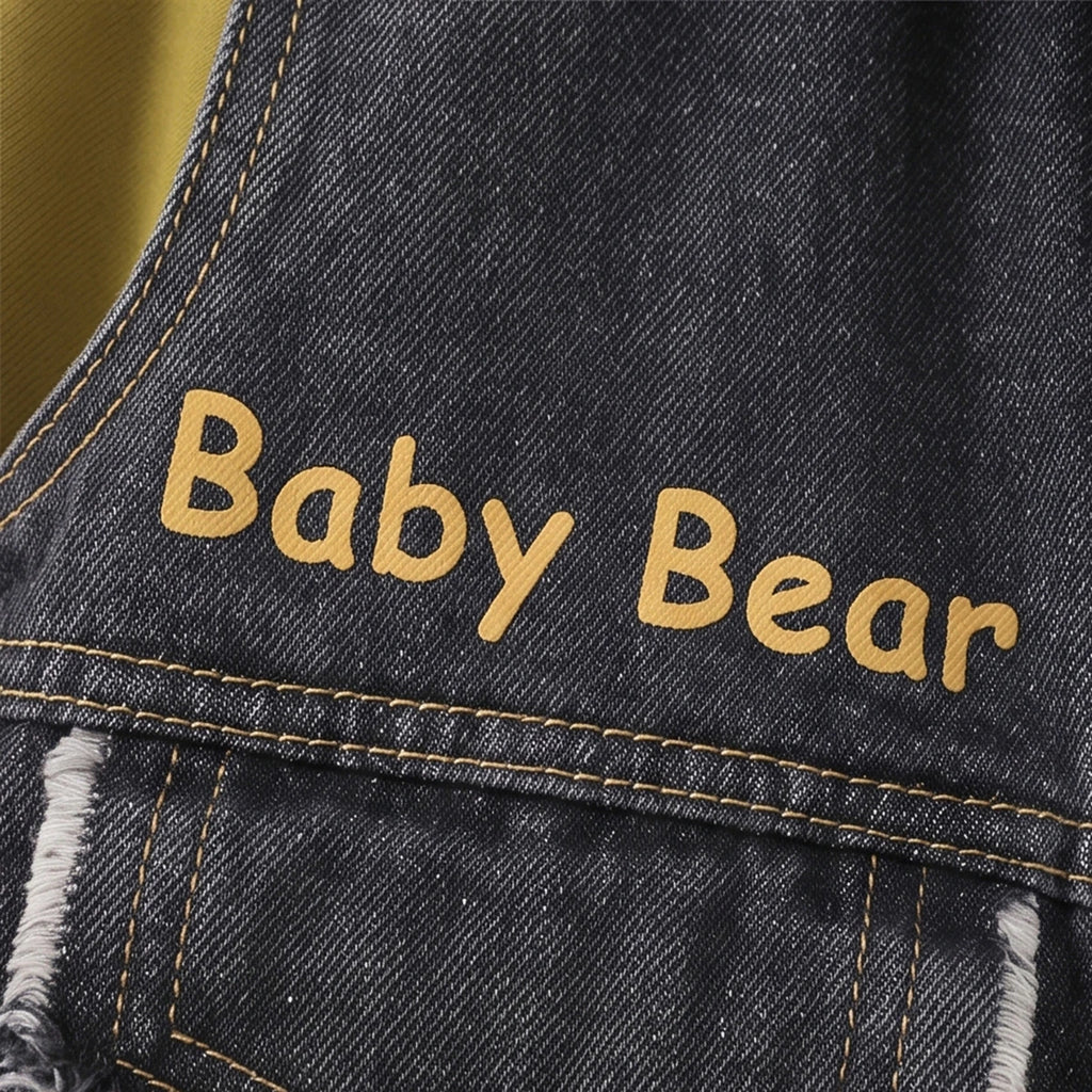 Boys Dark Grey Denim Graphic Sleeveless Jacket With Sweatshirt& Pants Sets Sets