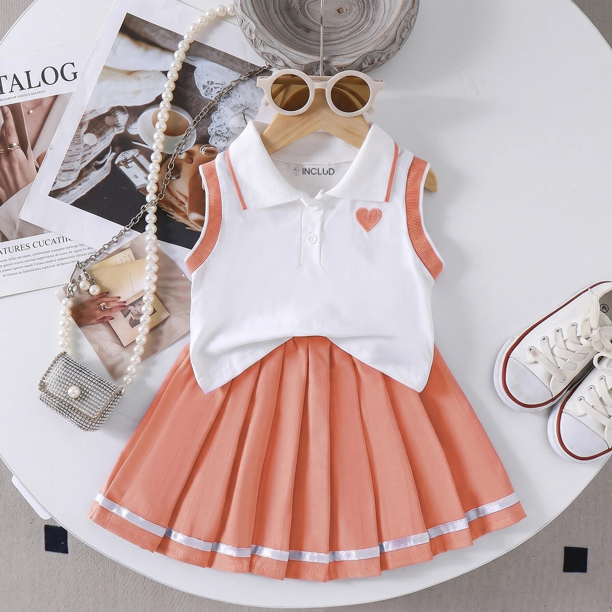 Girls Heart Embroidered Polo Top With Peach Pleated Skirt Sets 2 pc. Sets Peach 2-3 Y