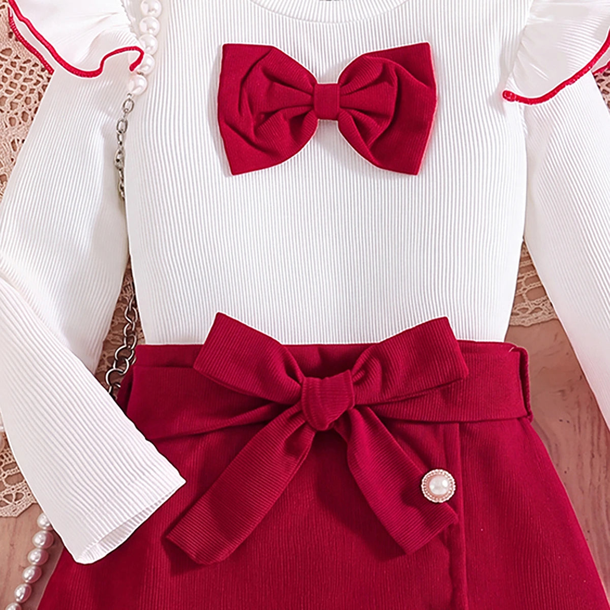 Girls White Textured Long Sleeve Top With Skirt Sets 2 pc. Sets