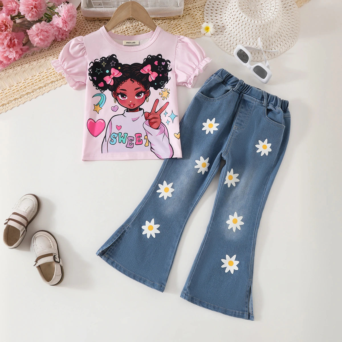 Girls Pink Graphics Top With Floral Printed Denim Pants Set Sets Pink 3-4 Y