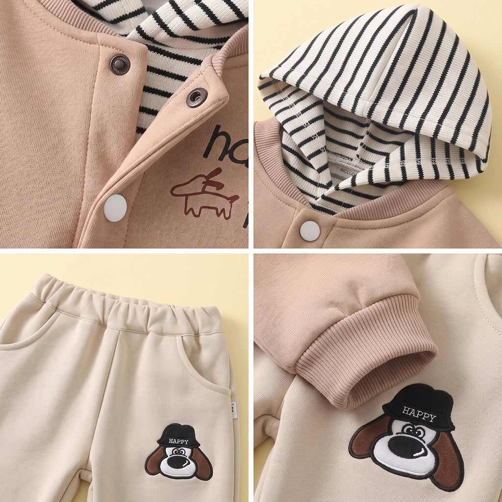 Boys Khaki Typographic Jacket With Hooded Sweatshirt & Joggers Sets Sets