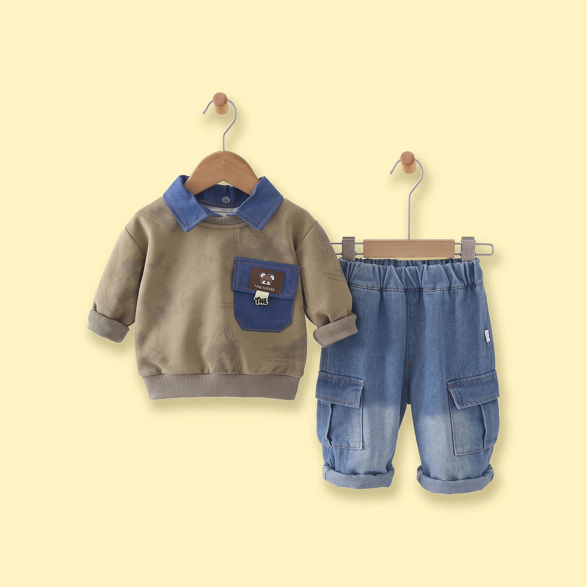 Boys Khaki Abstract Polo Sweatshirt & Denim Cargo Pants Sets Sets Khaki 1-2 Y