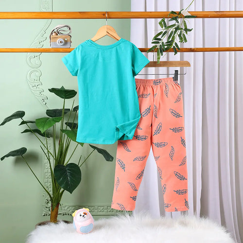 Girls Sea Green Graphic Printed Short Sleeve T-shirts With Elasticated Legging Sets Sets