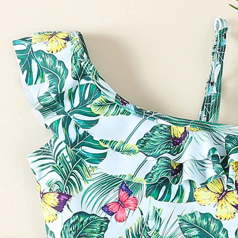 Girls Sea Green Tropical Printed One Shoulder Swimwear Bodysuit Beachwear