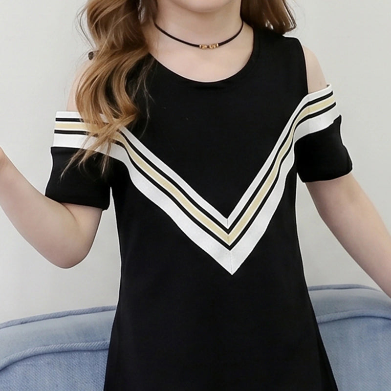 Girls Black Striped Cold Shoulder A-Line Dress Casual Dresses