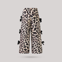 Girls Khaki Leopard Print Side Bows Details Loose Fit Pants Pants