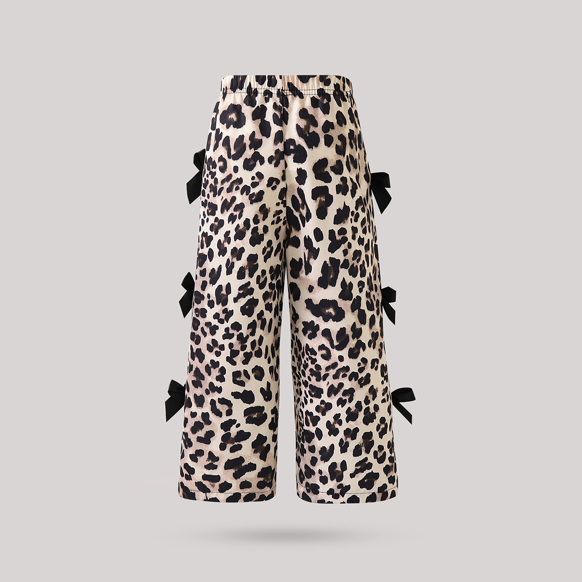 Girls Khaki Leopard Print Side Bows Details Loose Fit Pants Pants