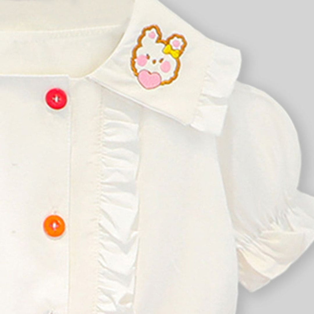 Girls White Collar Embroidery Top With Lace Bottom Shorts Sets   