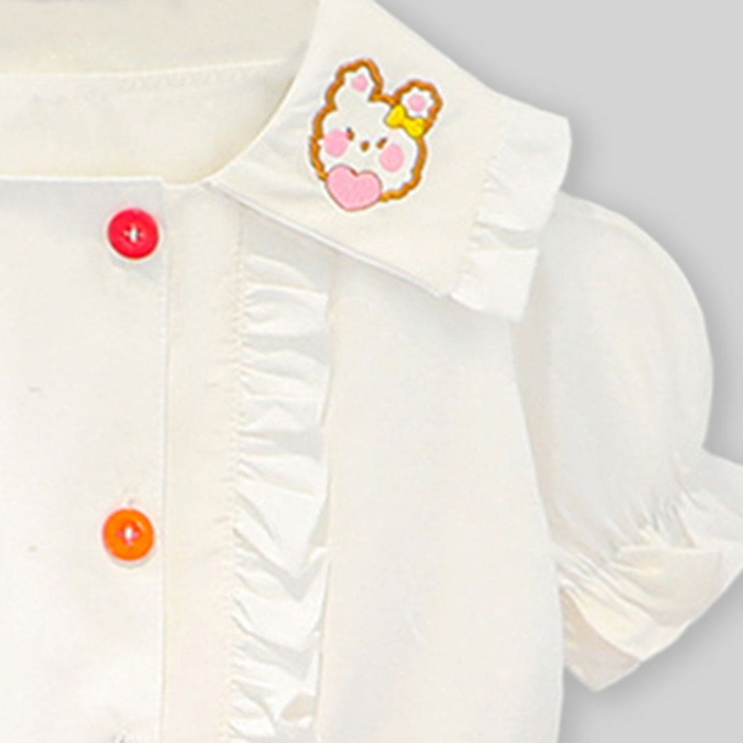 Girls White Collar Embroidery Top With Lace Bottom Shorts Sets   