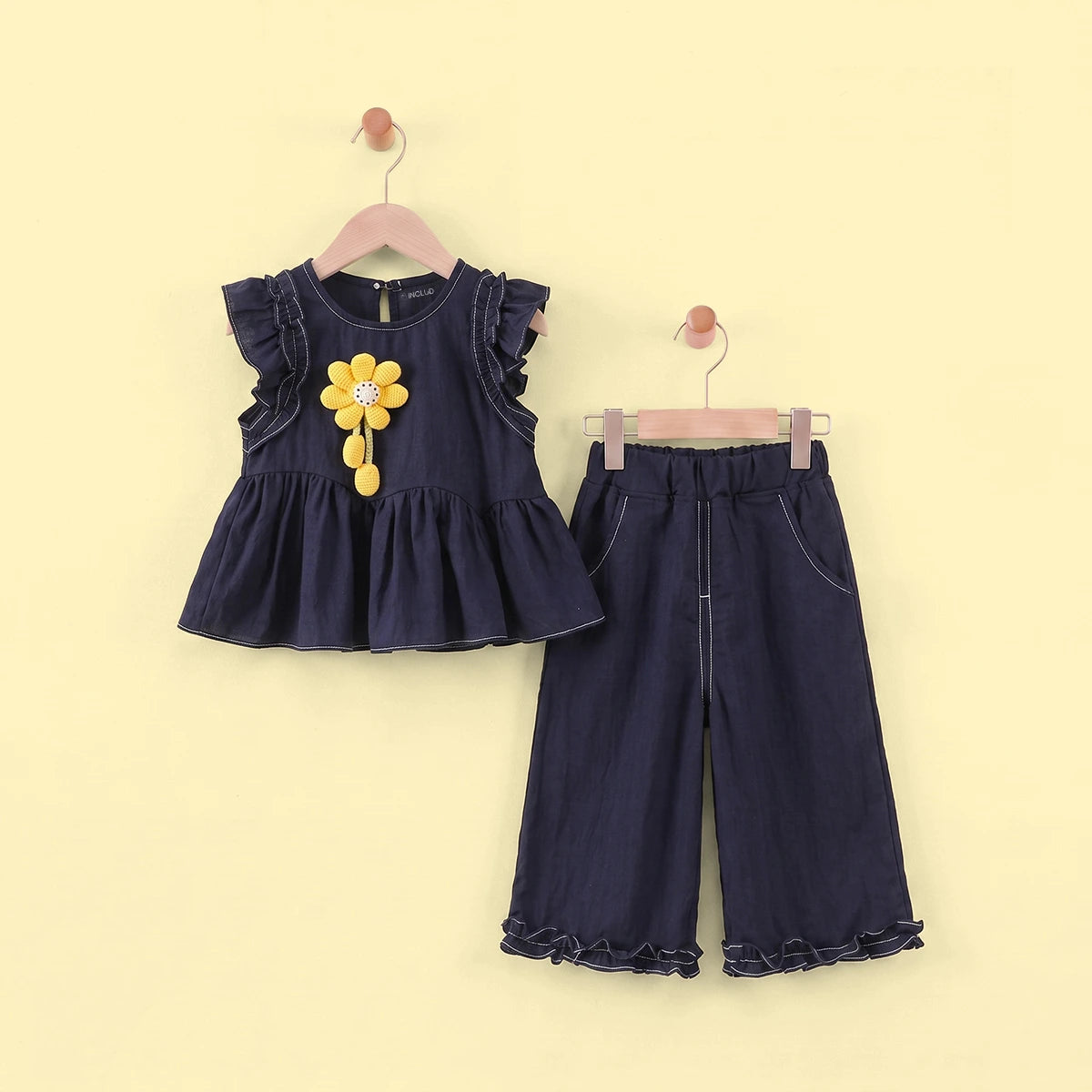 Girls Navy Blue Floral Applique Top With Pants Sets 2 pc. Sets Navy Blue 1-2 Y