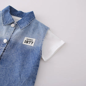 Boys Blue Denim Vest & Shorts With Printed T-Shirt Sets Sets