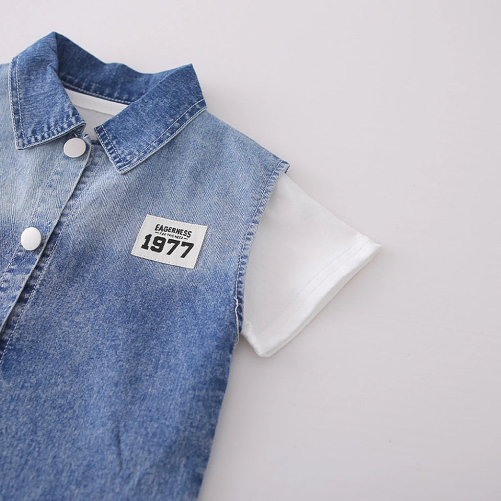 Boys Blue Denim Vest & Shorts With Printed T-Shirt Sets Sets