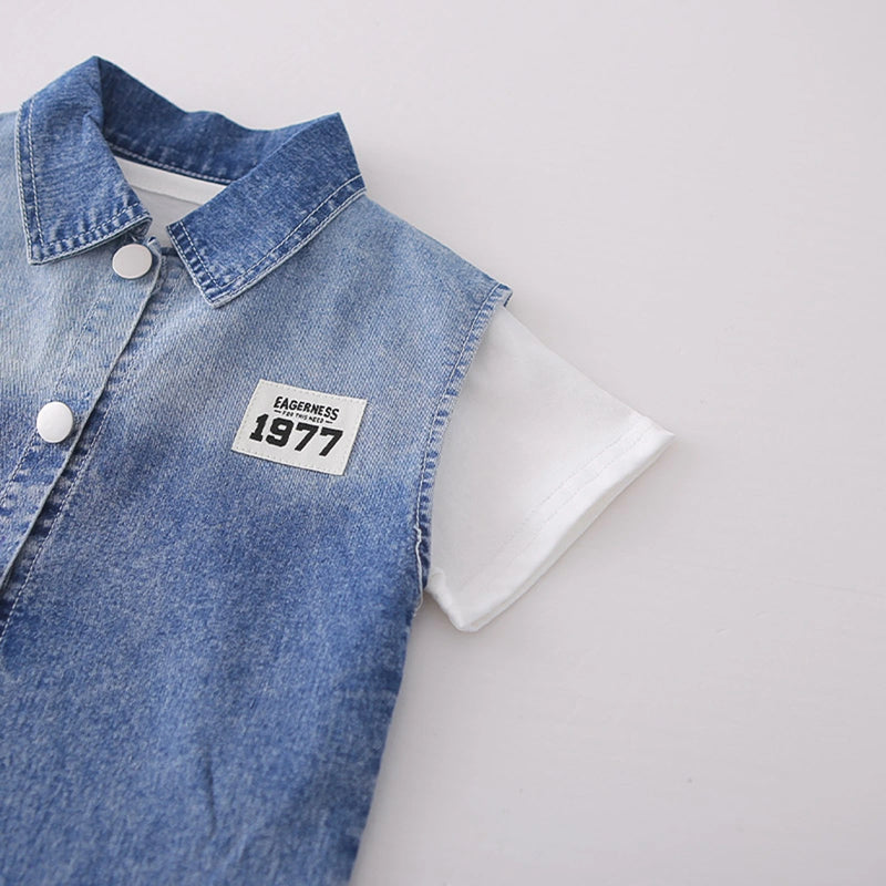 Boys Blue Denim Vest & Shorts With Printed T-Shirt Sets Sets
