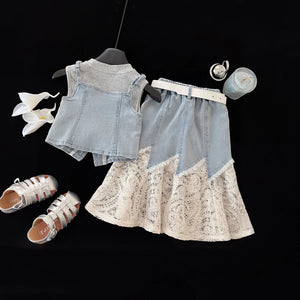 Girls Light Blue Denim Vest With Textured Top And Denim Skirt Sets 3 pc. Sets