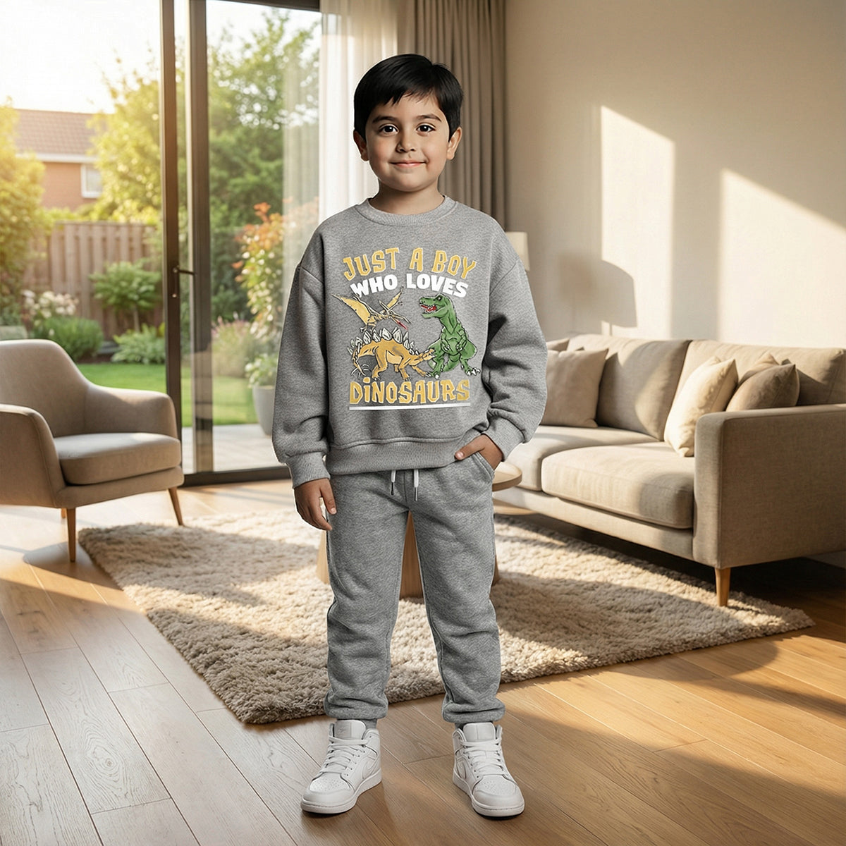Boys Grey Dinosaur Graphics Round Neck Sweatshirt With Joggers Sets 2 pc. Sets Grey 6-7 Y