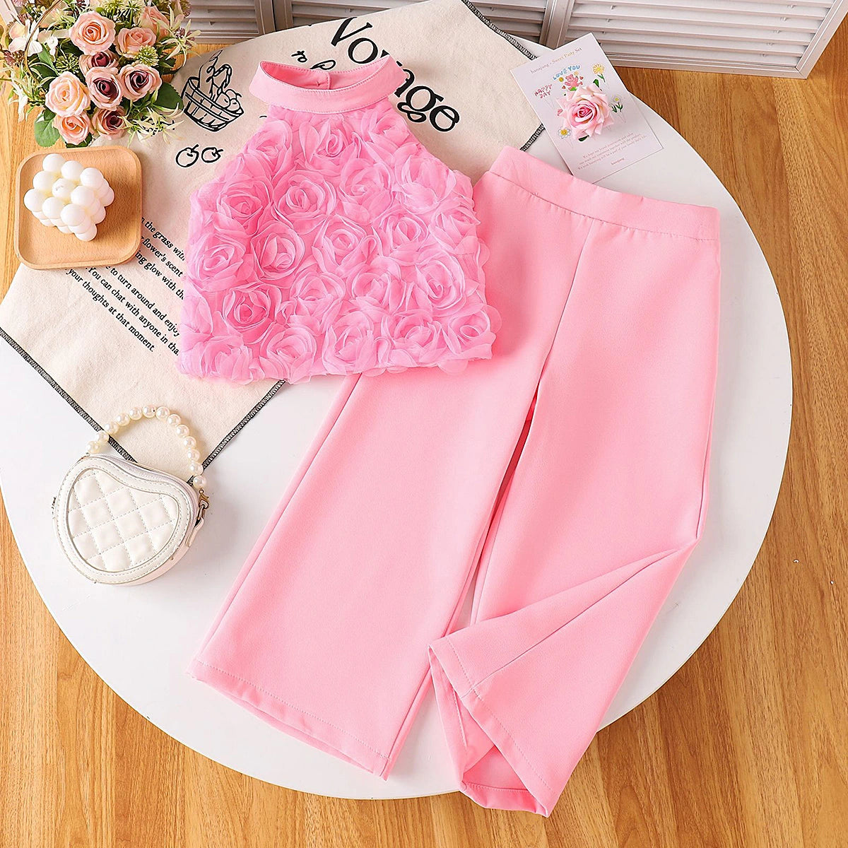 Girls Pink Rose Applique Halter Neck Top With Pants Sets 2 pc. Sets Pink 3-4 Y