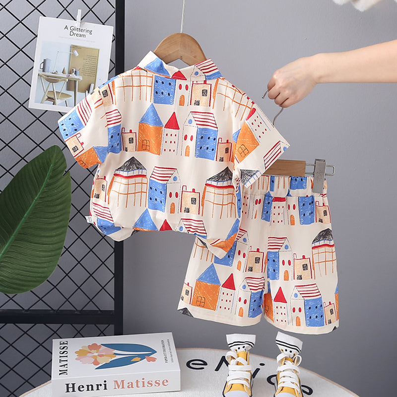 Boys Apricot Printed Short Sleeve Shirt With Shorts Set 2 pc. Sets