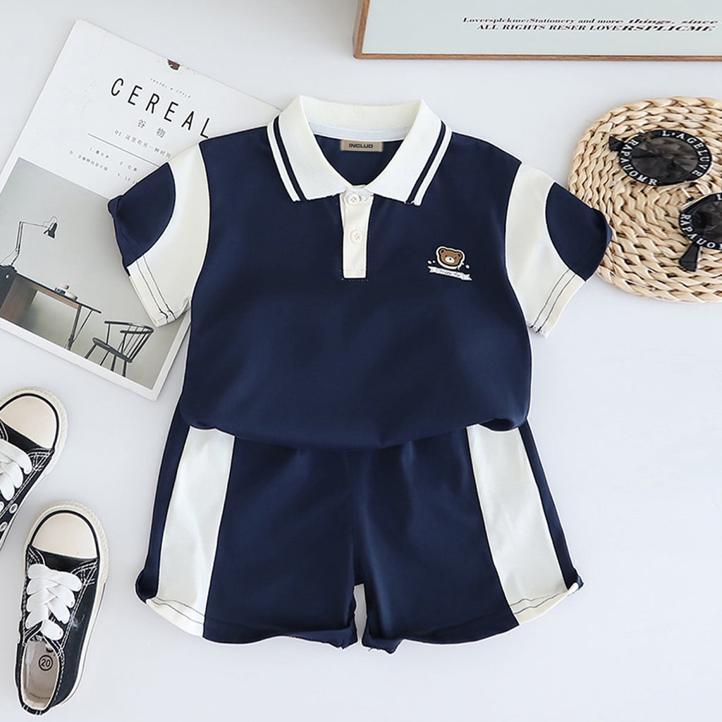 Boys Navy Blue Color-blocked Short Sleeves Polo T-Shirt With Shorts Set 2 pc. Sets Navy Blue 1-2 Y