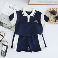Boys Navy Blue Color-blocked Short Sleeves Polo T-Shirt With Shorts Set 2 pc. Sets Navy Blue 1-2 Y
