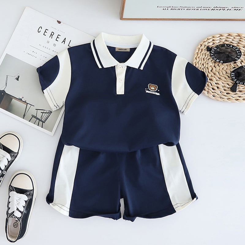 Boys Navy Blue Color-blocked Short Sleeves Polo T-Shirt With Shorts Set 2 pc. Sets Navy Blue 1-2 Y