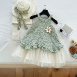 Girls Green Floral Embroidered Sleeveless Fit & Flare Dress