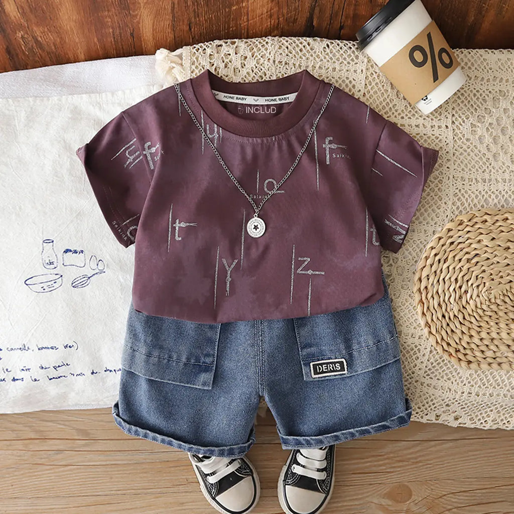 Boys Brown Typographic Printed Short Sleeves T-Shirt With Denim Shorts Sets 2 pc. Sets Brown 1-2 Y