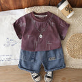 Boys Brown Typographic Printed Short Sleeves T-Shirt With Denim Shorts Sets 2 pc. Sets Brown 1-2 Y
