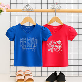 Girls Multicolor Typographic V-Neck Summer T-Shirt- Pack Of 2 Tshirts Multicolor 2-4 Y
