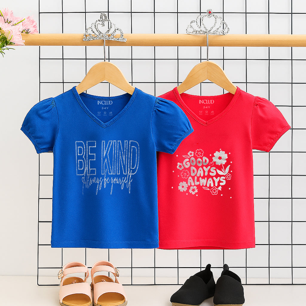Girls Multicolor Typographic V-Neck Summer T-Shirt- Pack Of 2 Tshirts Multicolor 2-4 Y