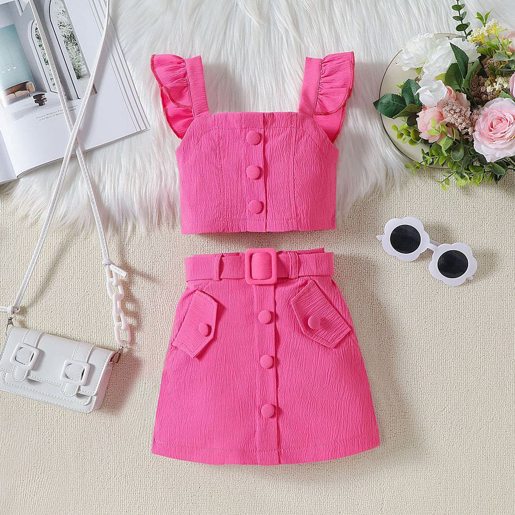 Girls Buttoned Top With Skirt Set