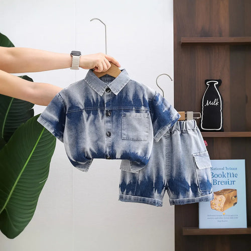 Boys Blue Denim Tie-Dye Printed Shirt & Short Co-ord Sets Sets Blue 1-2 Y
