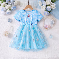 Girls Blue Graphic Short Sleeve Fit & Flare Dress Casual Dresses Blue 3-4 Y